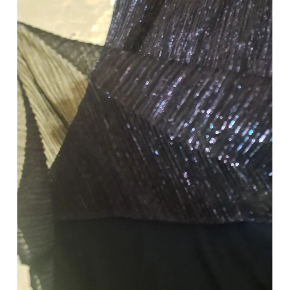 CeCe Womens Navy Blue Metallic Shimmer Blouse Large V Neck Long Sleeve Dress Top